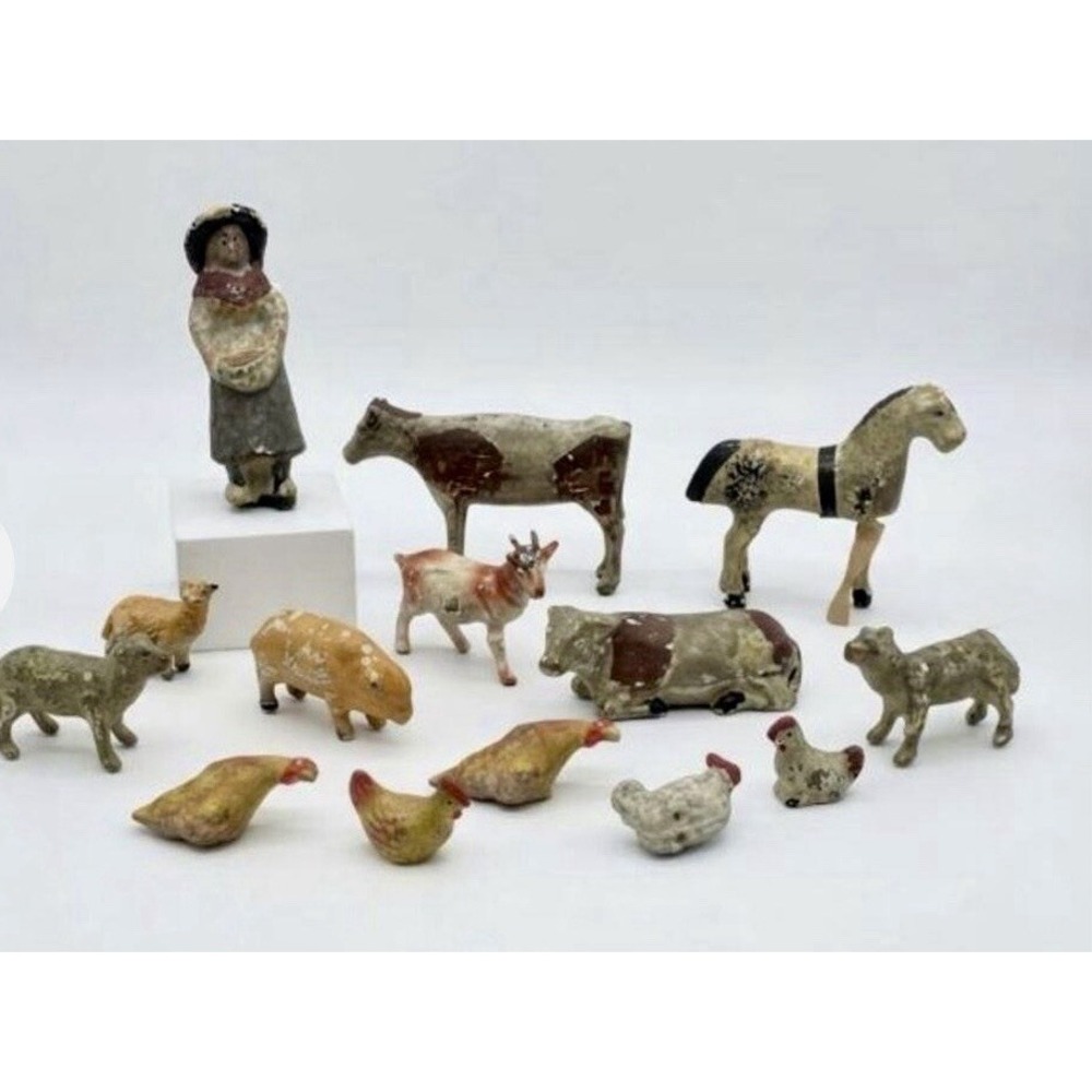 Vintage Folk Art Chalkware Farm Animals Figure Lot Cow Horse Pig Chickens